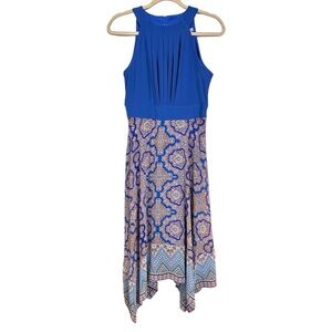 Dressbarn Women’s Sz 6 Midi Dress Sleeveless Asymmetrical Hem Blue Paisley Boho